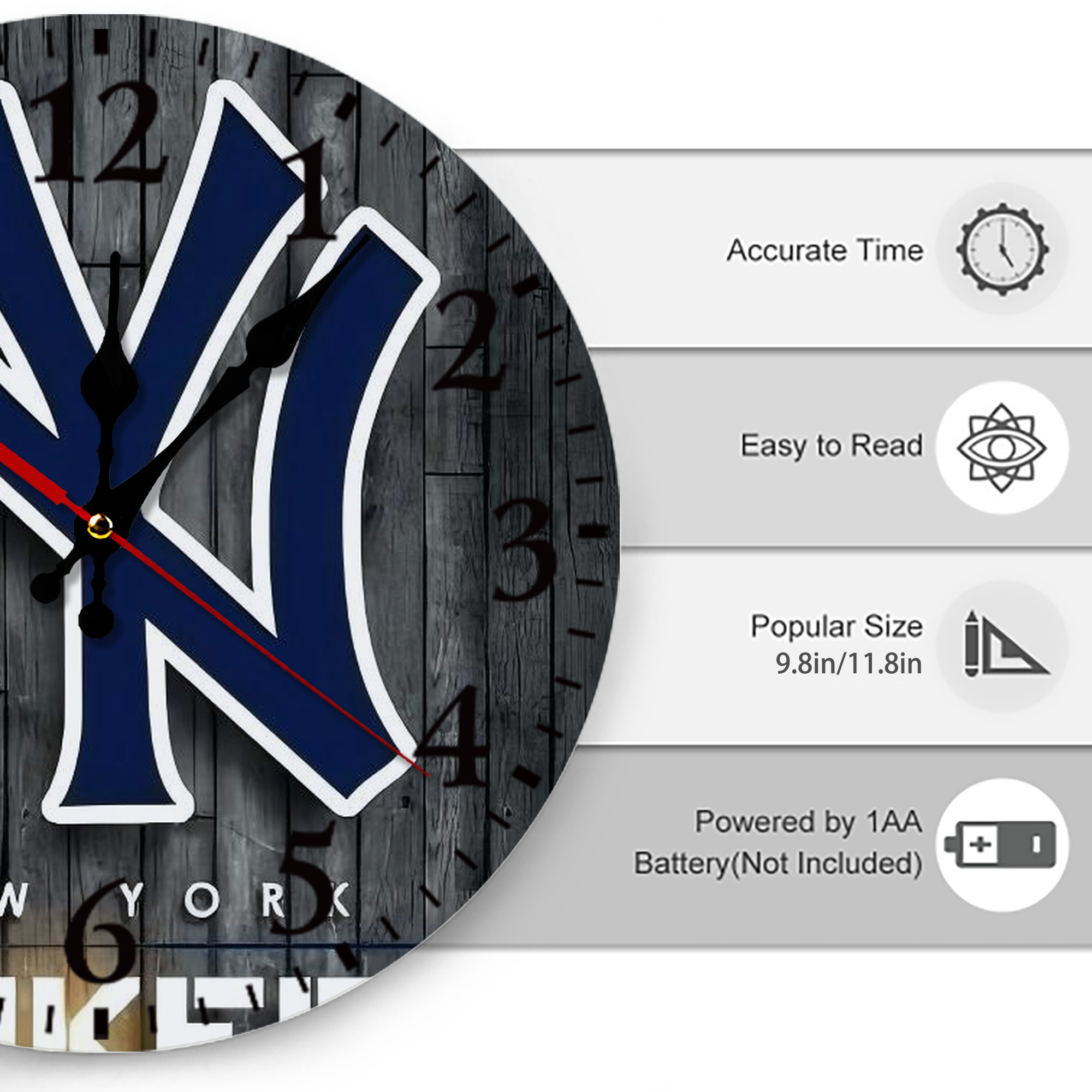 New York Yankees 127 Silent Round Wall Clock – Modern & Stylish DIY Design, Durable Wood Construction, Easy To Install – Perfect For Office, Bedroom, Living Room, And More