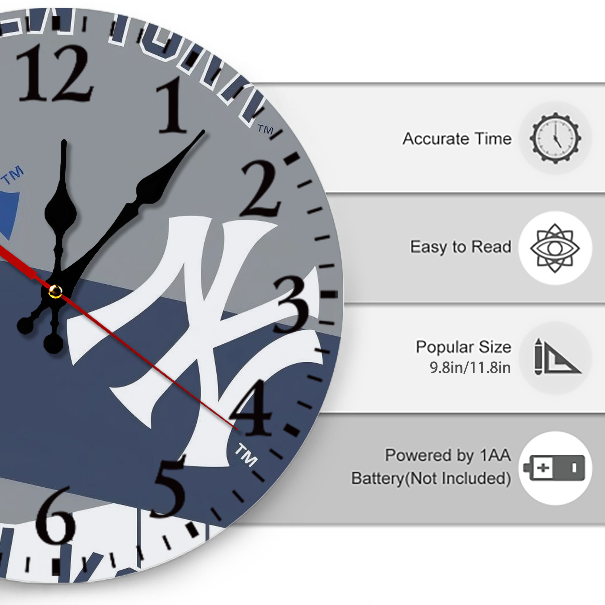 New York Yankees 133 Silent Round Wall Clock – Modern & Stylish DIY Design, Durable Wood Construction, Easy To Install – Perfect For Office, Bedroom, Living Room, And More