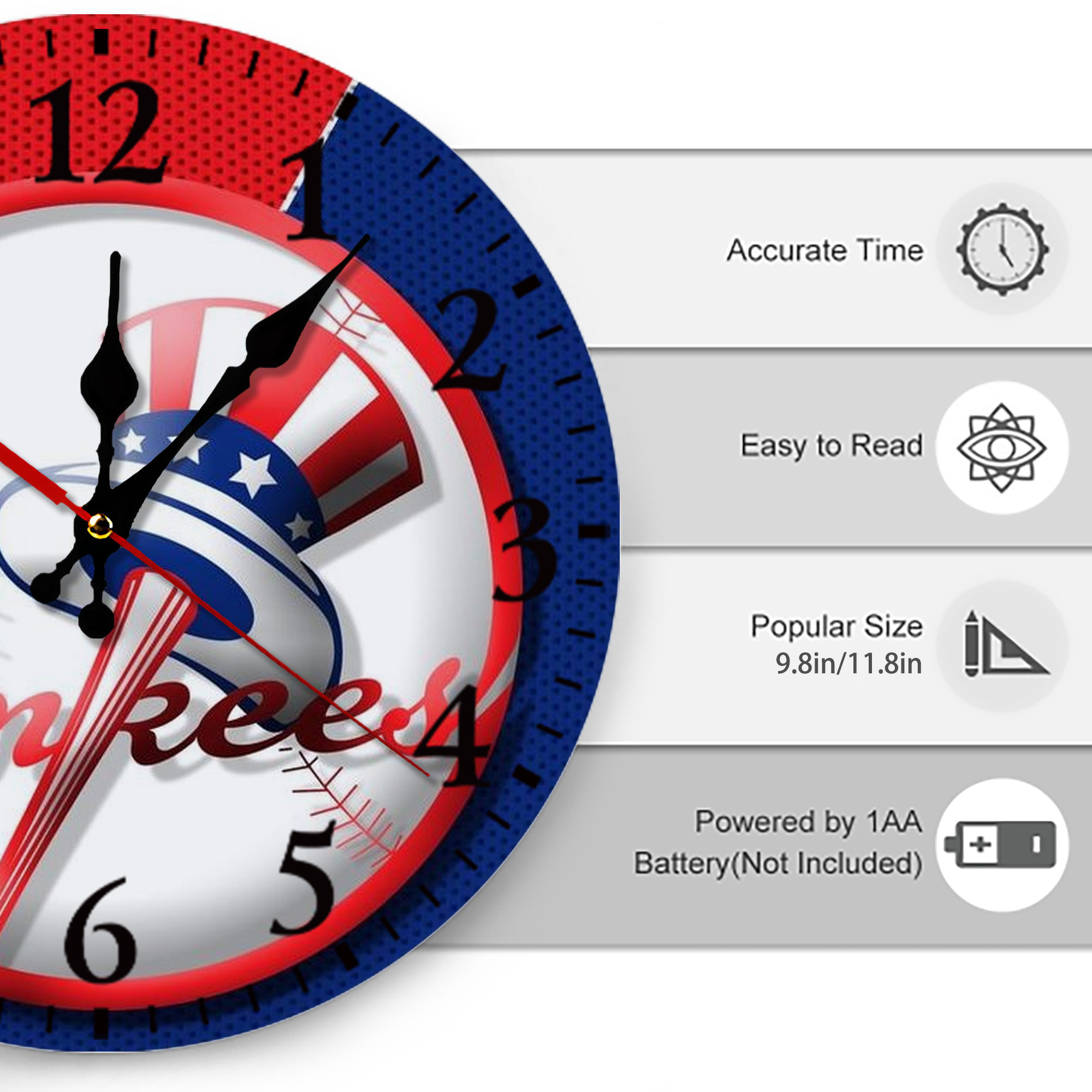 New York Yankees 148 Silent Round Wall Clock – Modern & Stylish DIY Design, Durable Wood Construction, Easy To Install – Perfect For Office, Bedroom, Living Room, And More