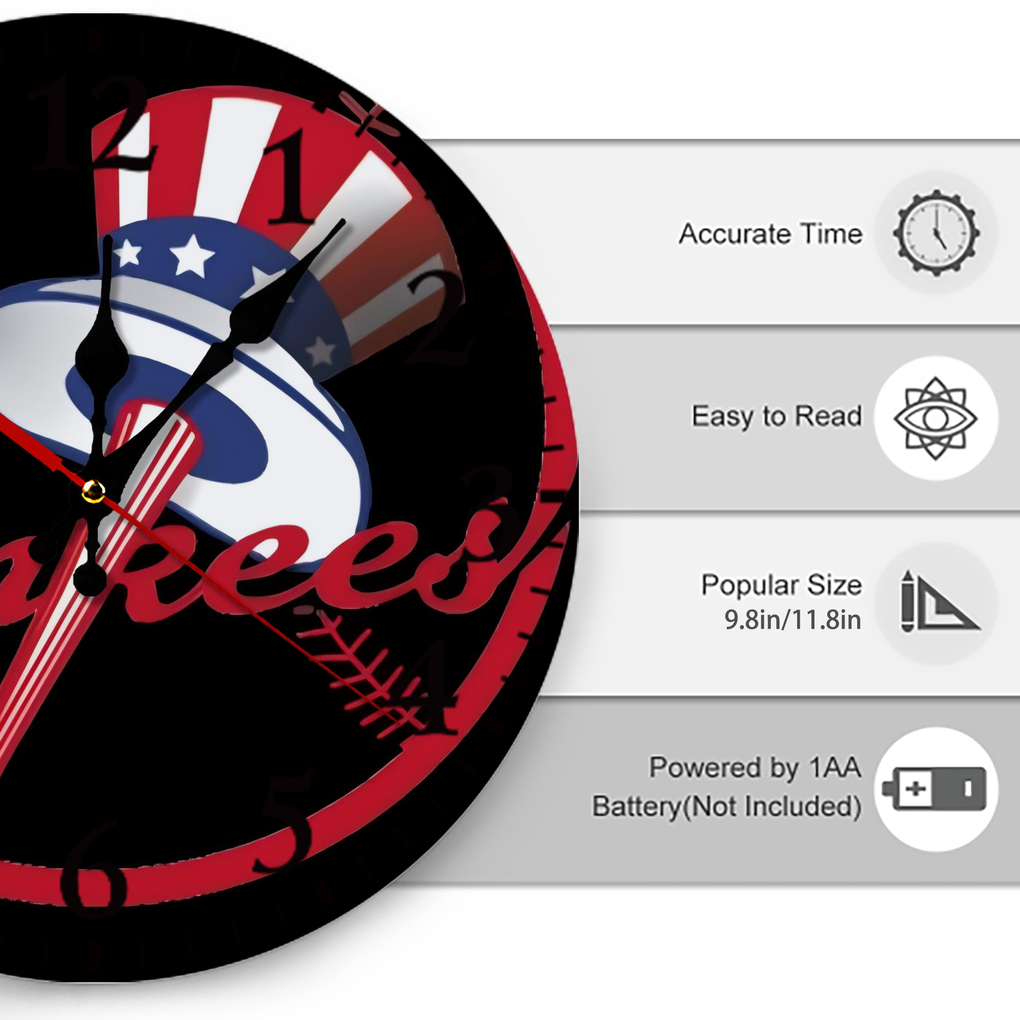 New York Yankees 188 Silent Round Wall Clock – Modern & Stylish DIY Design, Durable Wood Construction, Easy To Install – Perfect For Office, Bedroom, Living Room, And More