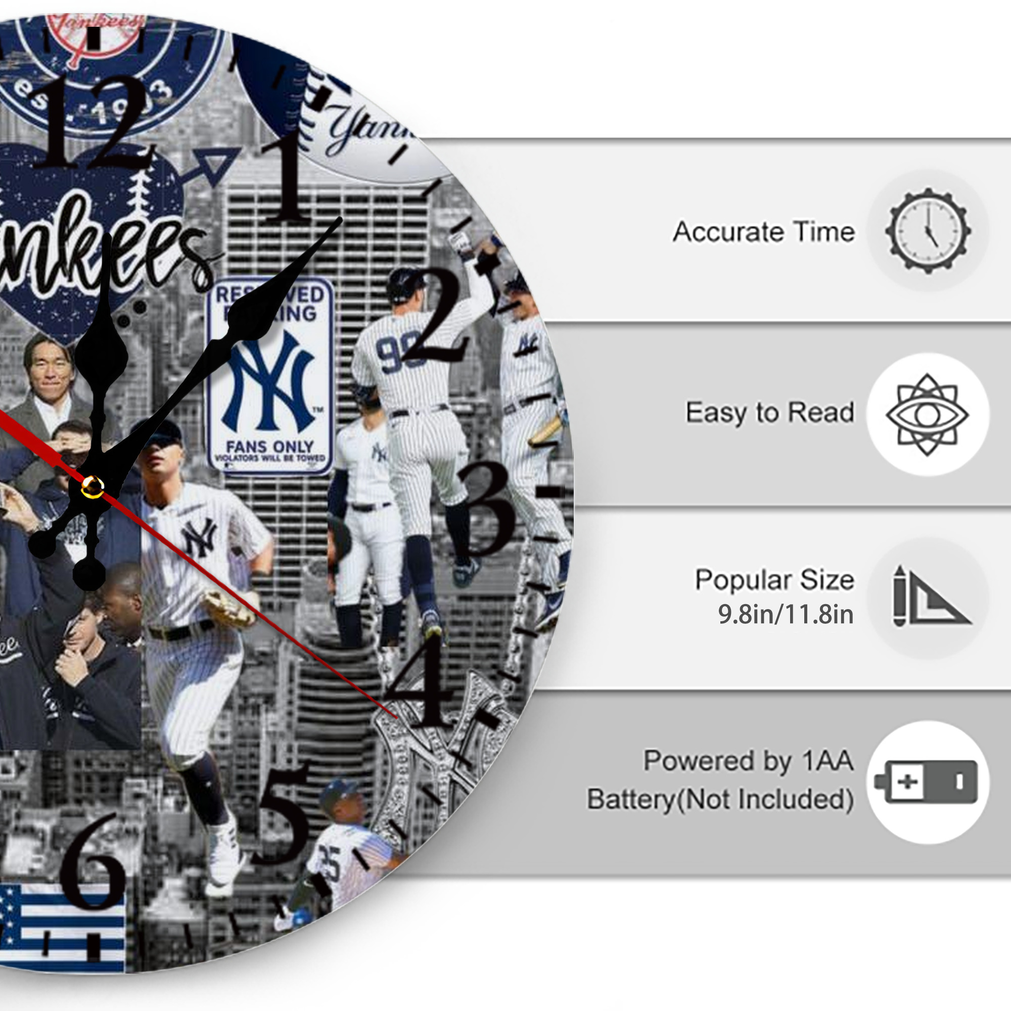 New York Yankees 199 Silent Round Wall Clock – Modern & Stylish DIY Design, Durable Wood Construction, Easy To Install – Perfect For Office, Bedroom, Living Room, And More