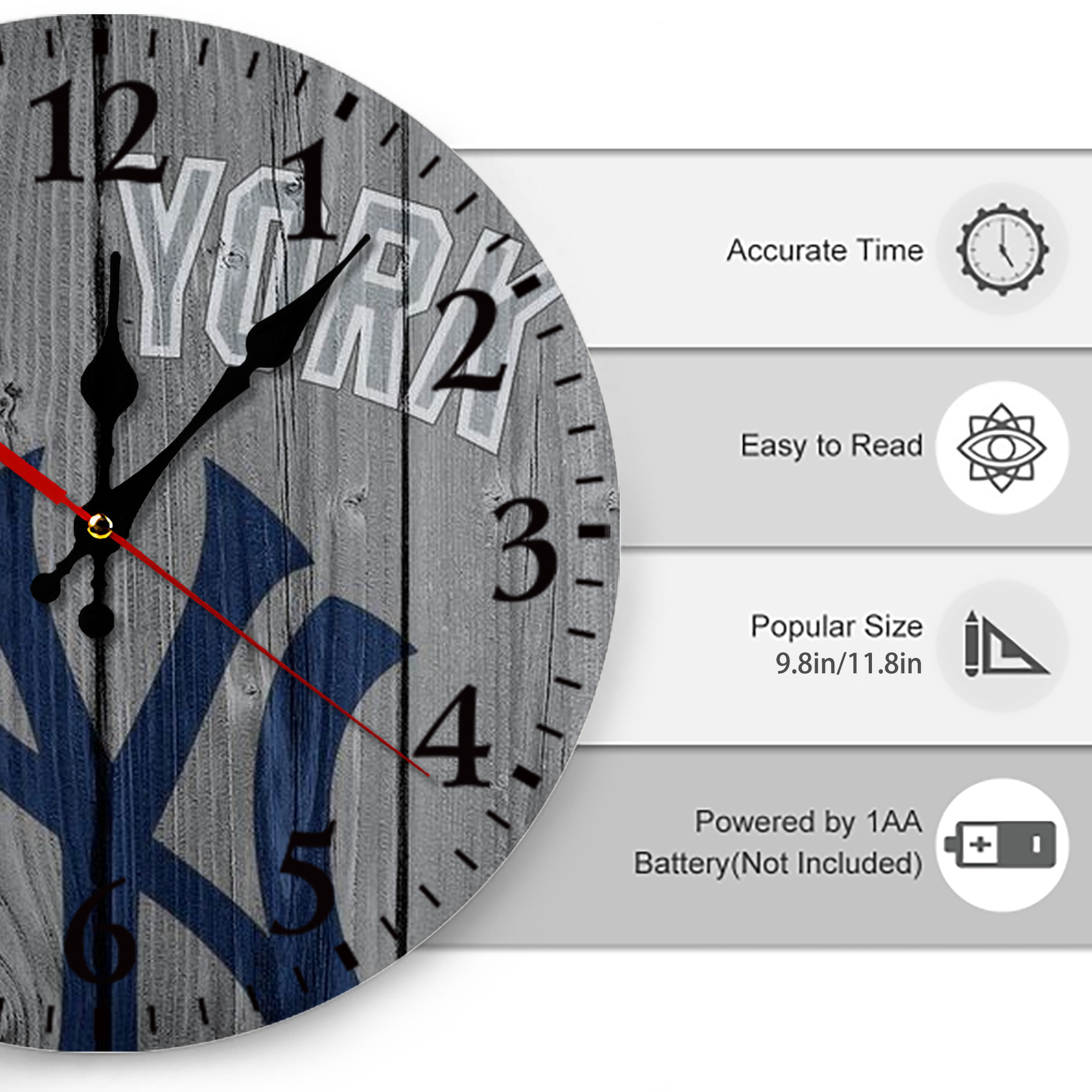 New York Yankees 204 Silent Round Wall Clock – Modern & Stylish DIY Design, Durable Wood Construction, Easy To Install – Perfect For Office, Bedroom, Living Room, And More