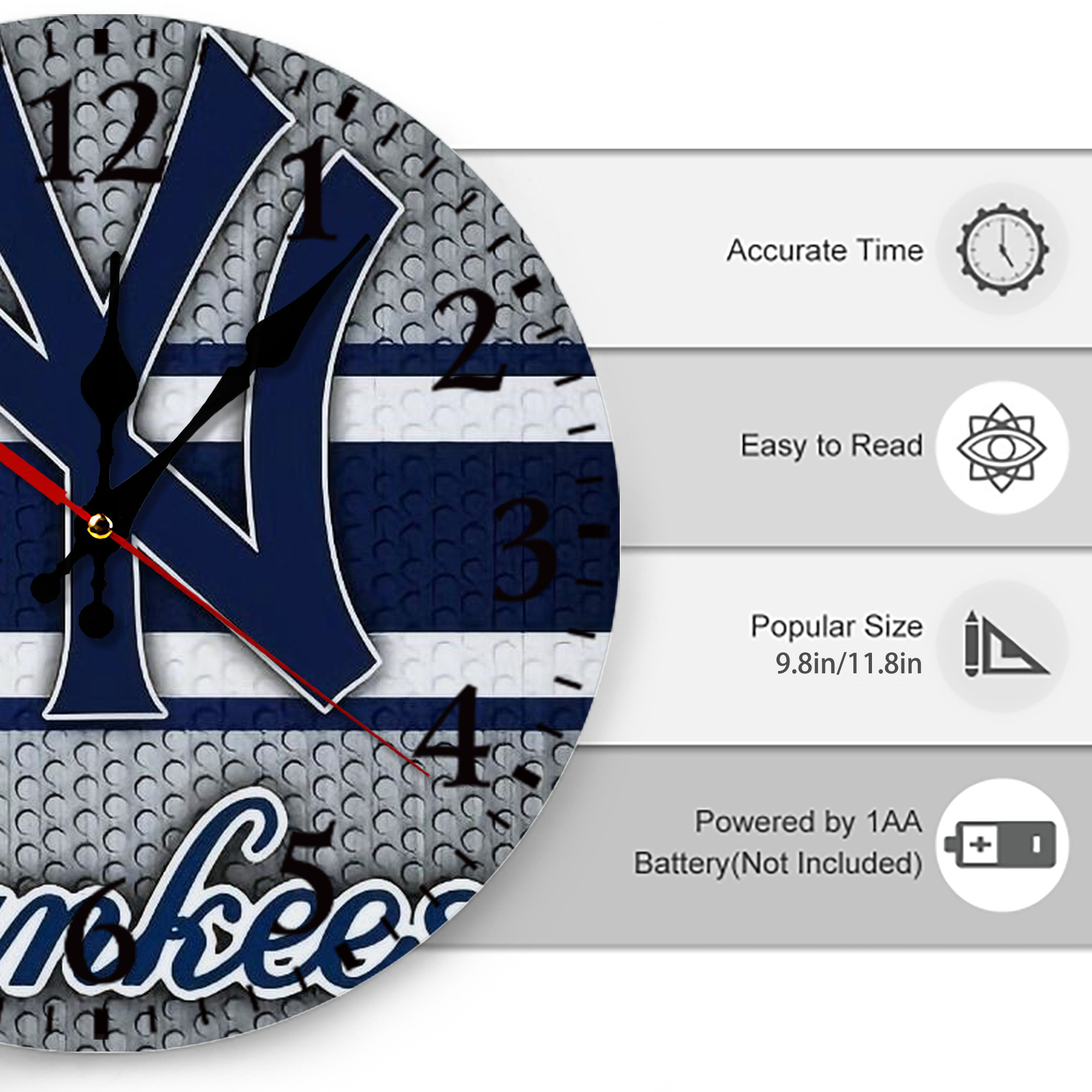 New York Yankees 311 Silent Round Wall Clock – Modern & Stylish DIY Design, Durable Wood Construction, Easy To Install – Perfect For Office, Bedroom, Living Room, And More
