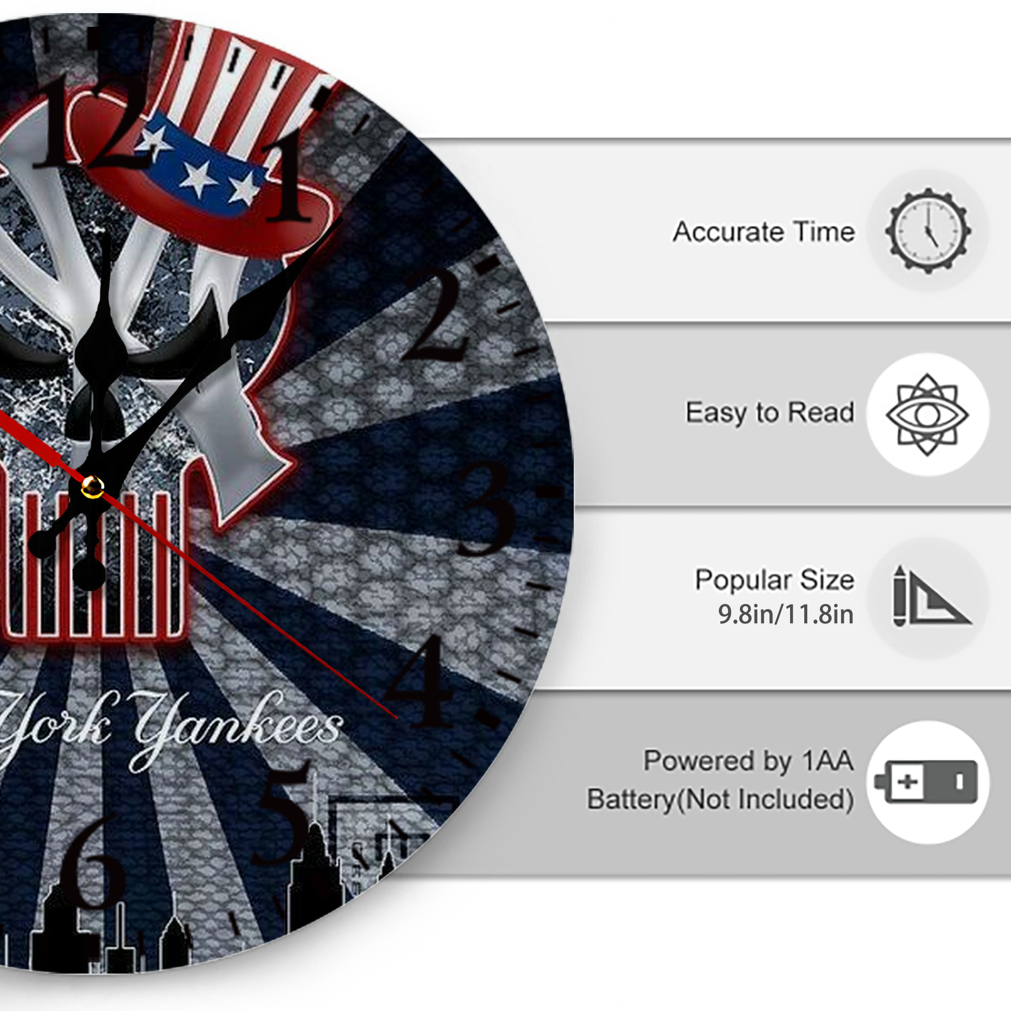 New York Yankees 340 Silent Round Wall Clock – Modern & Stylish DIY Design, Durable Wood Construction, Easy To Install – Perfect For Office, Bedroom, Living Room, And More