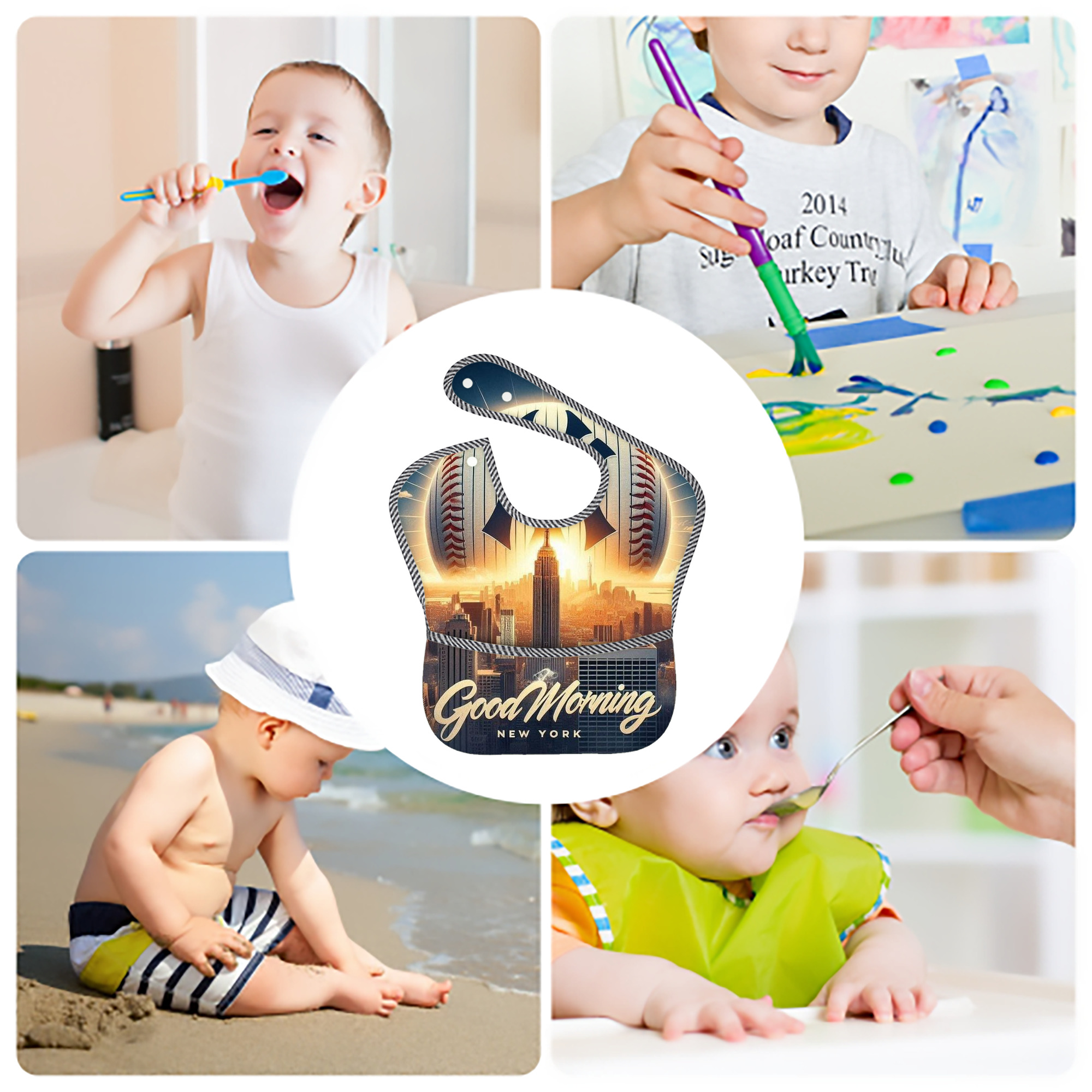 New York Yankees 111 Adjustable Waterproof Toddler Bib – Full-Print Durable Polyester – Foldable Crumb Pocket – Easy Snap Closure – Soft