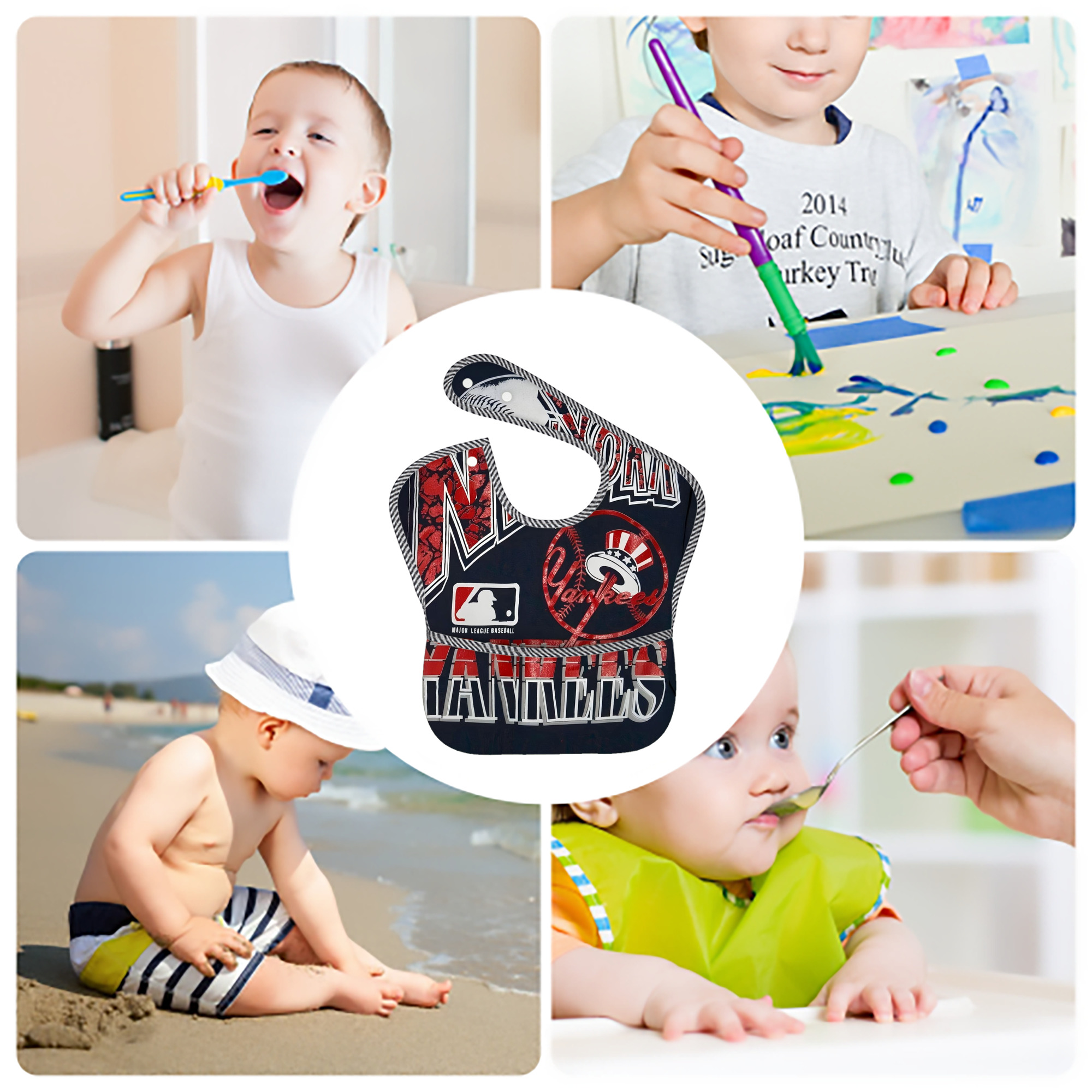 New York Yankees 125 Adjustable Waterproof Toddler Bib – Full-Print Durable Polyester – Foldable Crumb Pocket – Easy Snap Closure – Soft