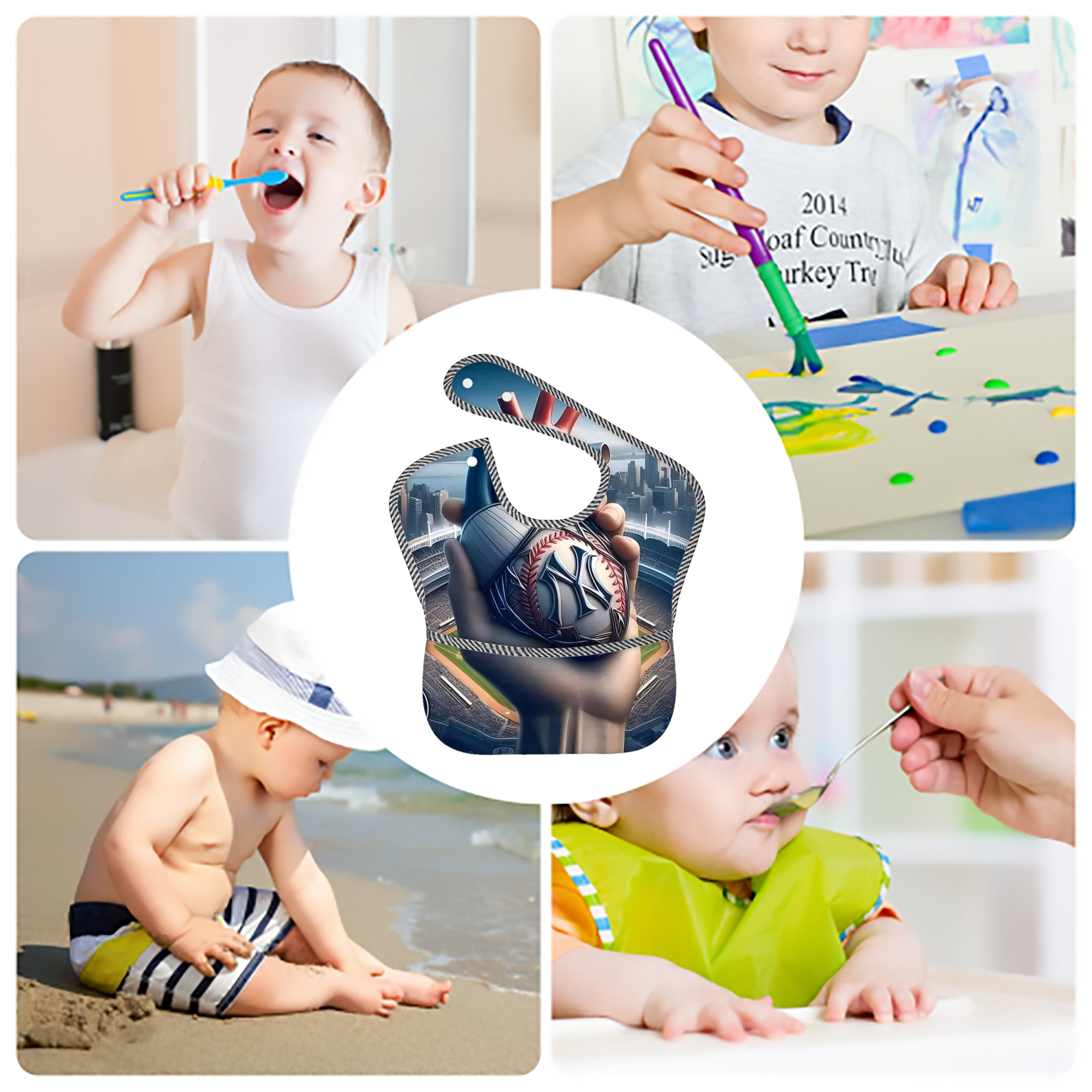 New York Yankees Heart Adjustable Waterproof Toddler Bib – Full-Print Durable Polyester – Foldable Crumb Pocket – Easy Snap Closure – Soft