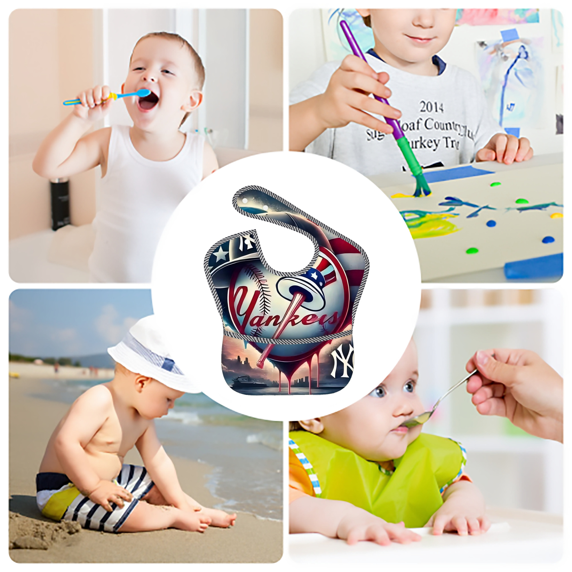 New York Yankees Heart Adjustable Waterproof Toddler Bib – Full-Print Durable Polyester – Foldable Crumb Pocket – Easy Snap Closure – Soft