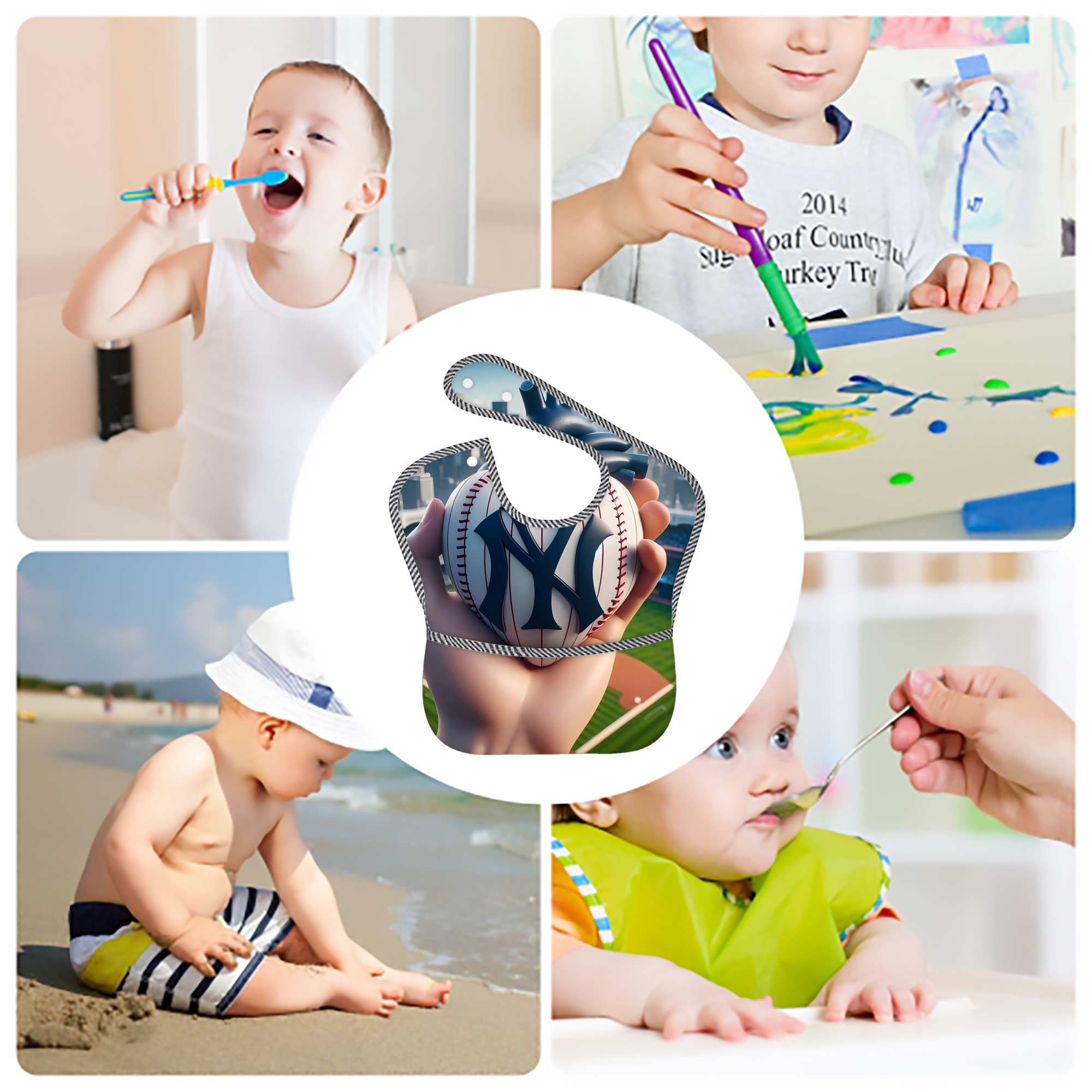 New York Yankees Heart Adjustable Waterproof Toddler Bib – Full-Print Durable Polyester – Foldable Crumb Pocket – Easy Snap Closure – Soft