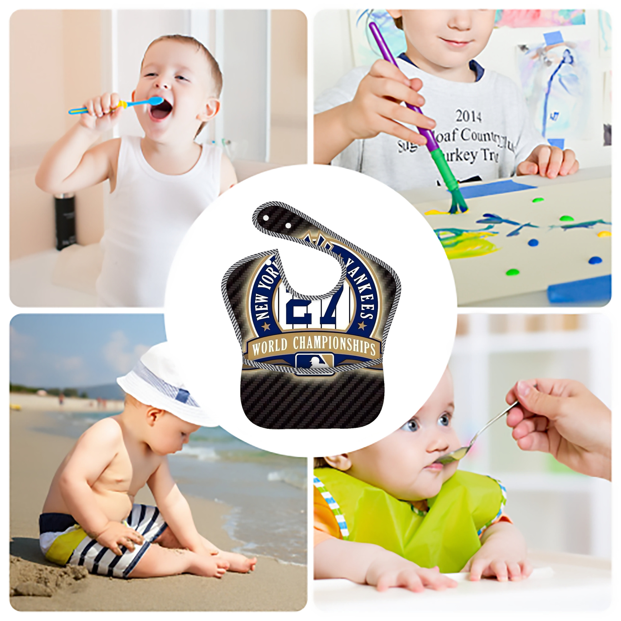 New York Yankees 260 Adjustable Waterproof Toddler Bib – Full-Print Durable Polyester – Foldable Crumb Pocket – Easy Snap Closure – Soft