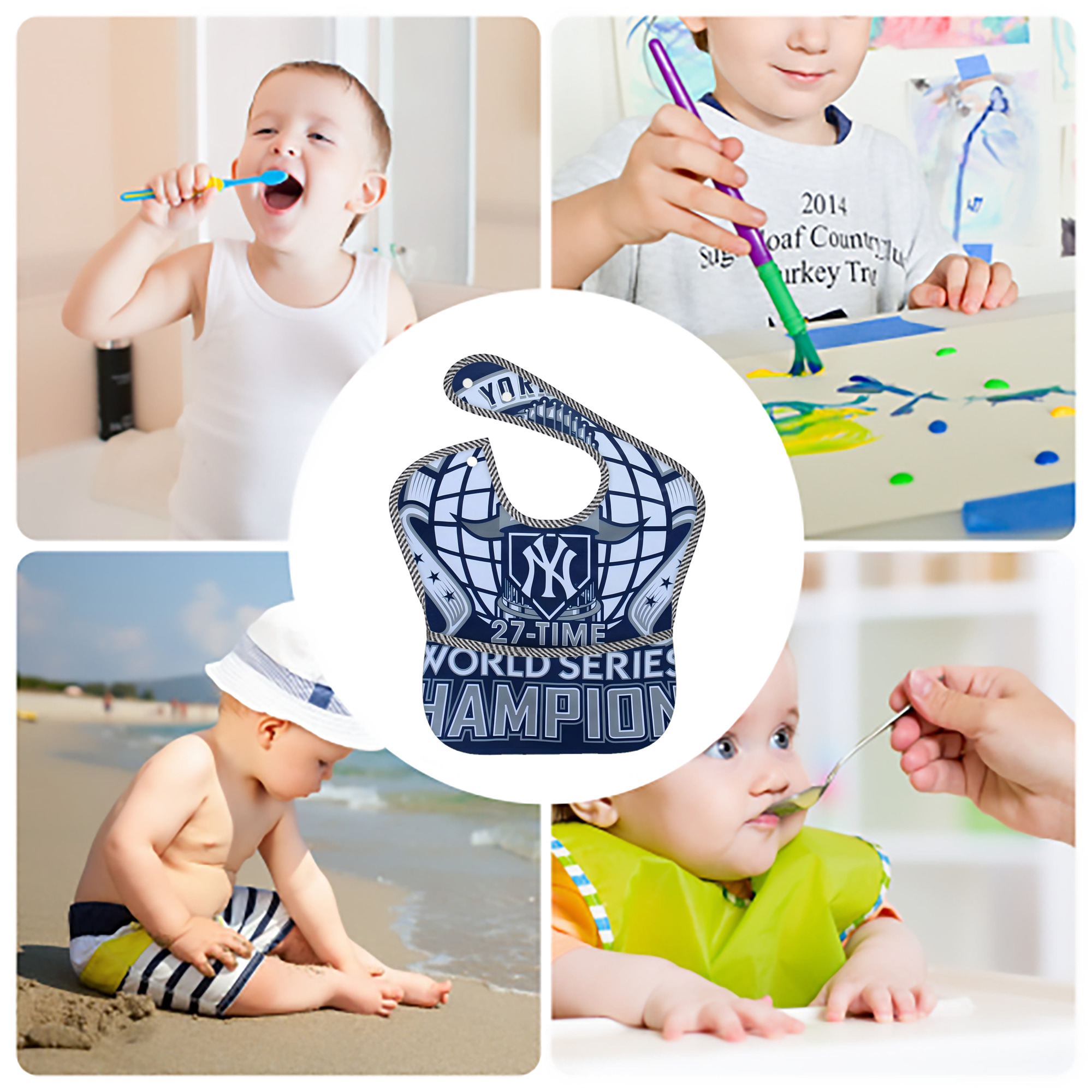 New York Yankees 270 Adjustable Waterproof Toddler Bib – Full-Print Durable Polyester – Foldable Crumb Pocket – Easy Snap Closure – Soft