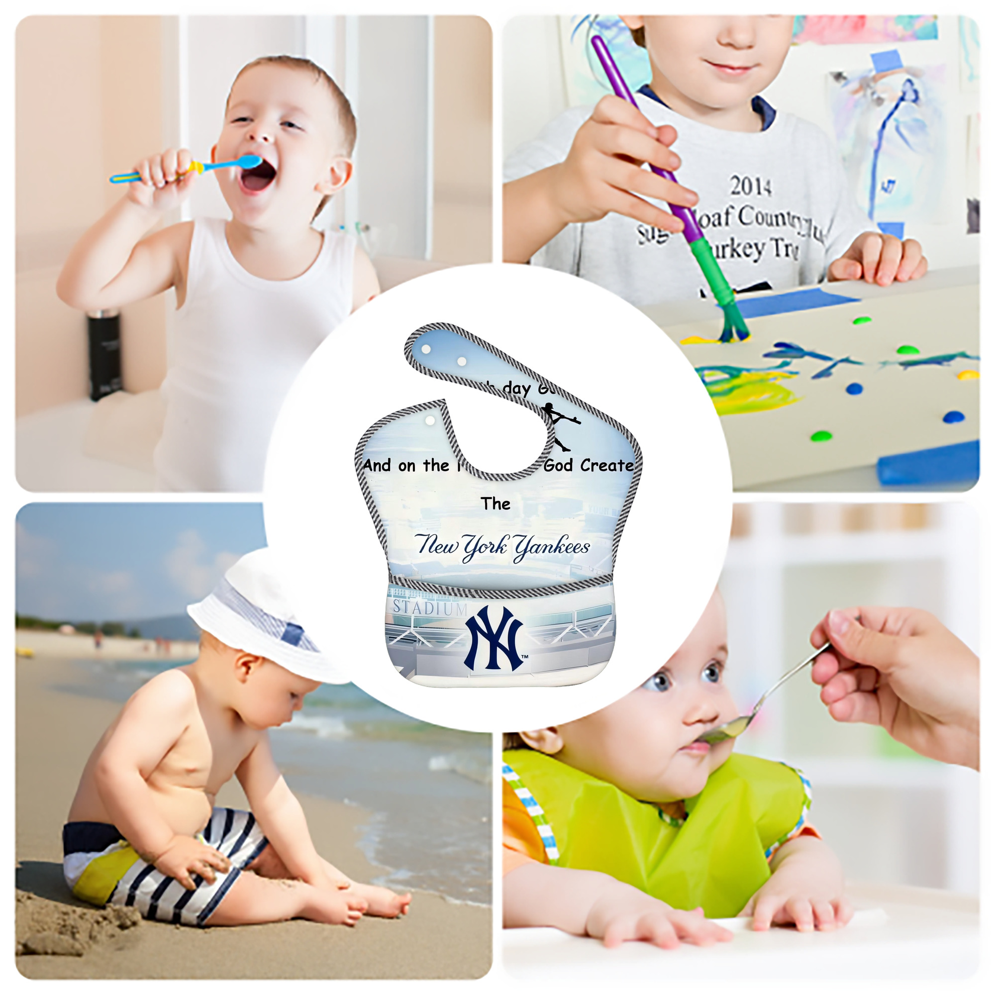 New York Yankees 314 Adjustable Waterproof Toddler Bib – Full-Print Durable Polyester – Foldable Crumb Pocket – Easy Snap Closure – Soft