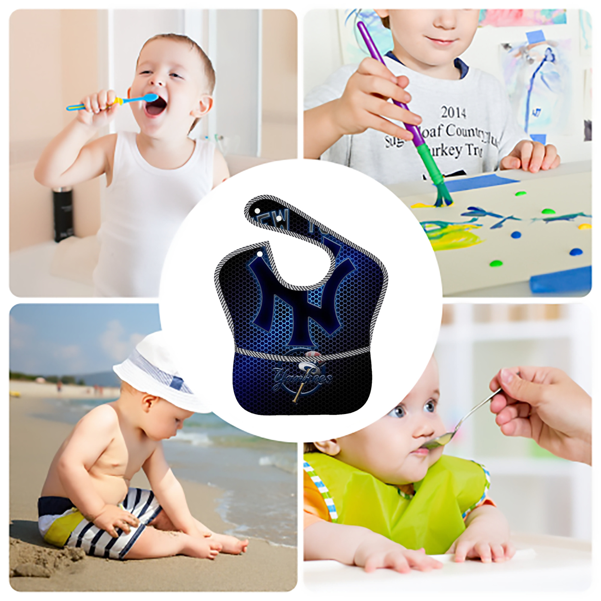 New York Yankees 334 Adjustable Waterproof Toddler Bib – Full-Print Durable Polyester – Foldable Crumb Pocket – Easy Snap Closure – Soft