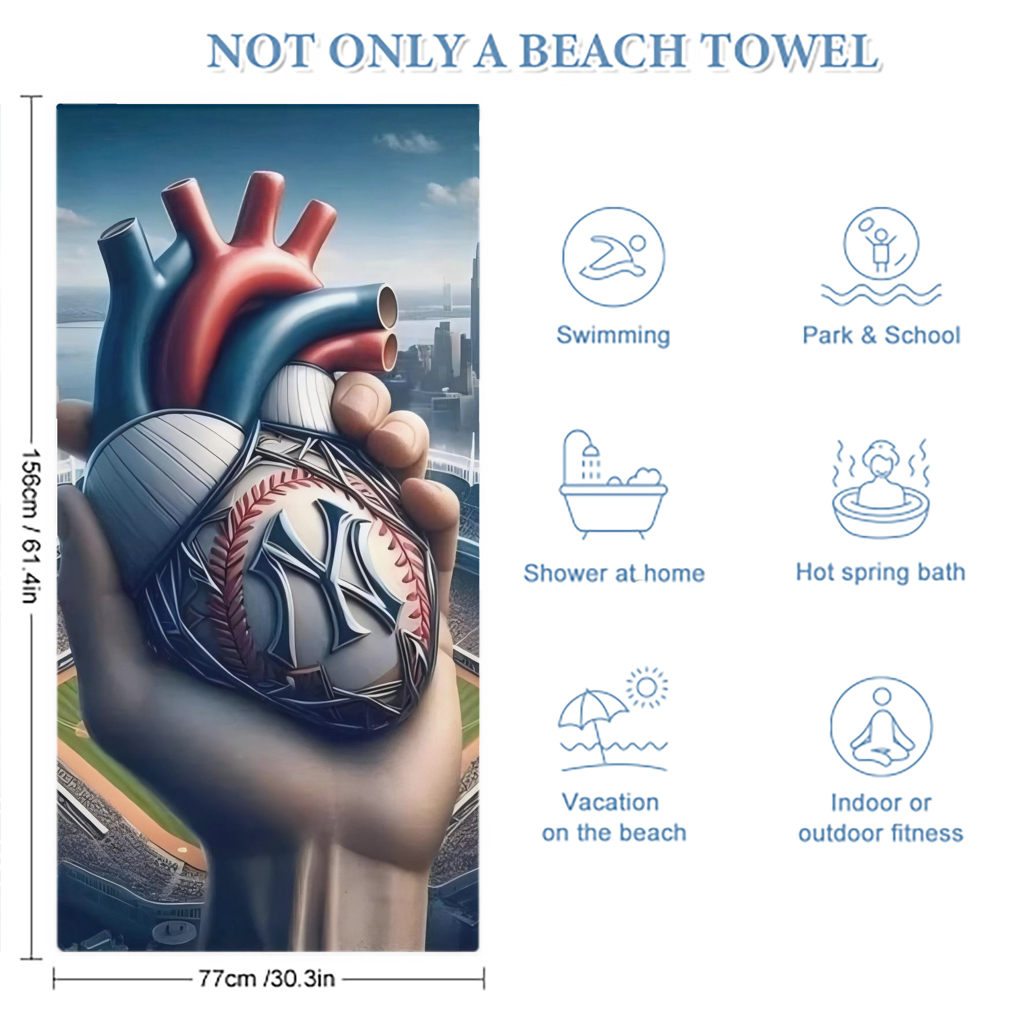 New York Yankees Heart Premium Microfiber Beach Towel – Soft, Large Size, Multi-Purpose For Beach, Picnic & Kids, Lightweight & Portable With Carry Bag, Easy Care