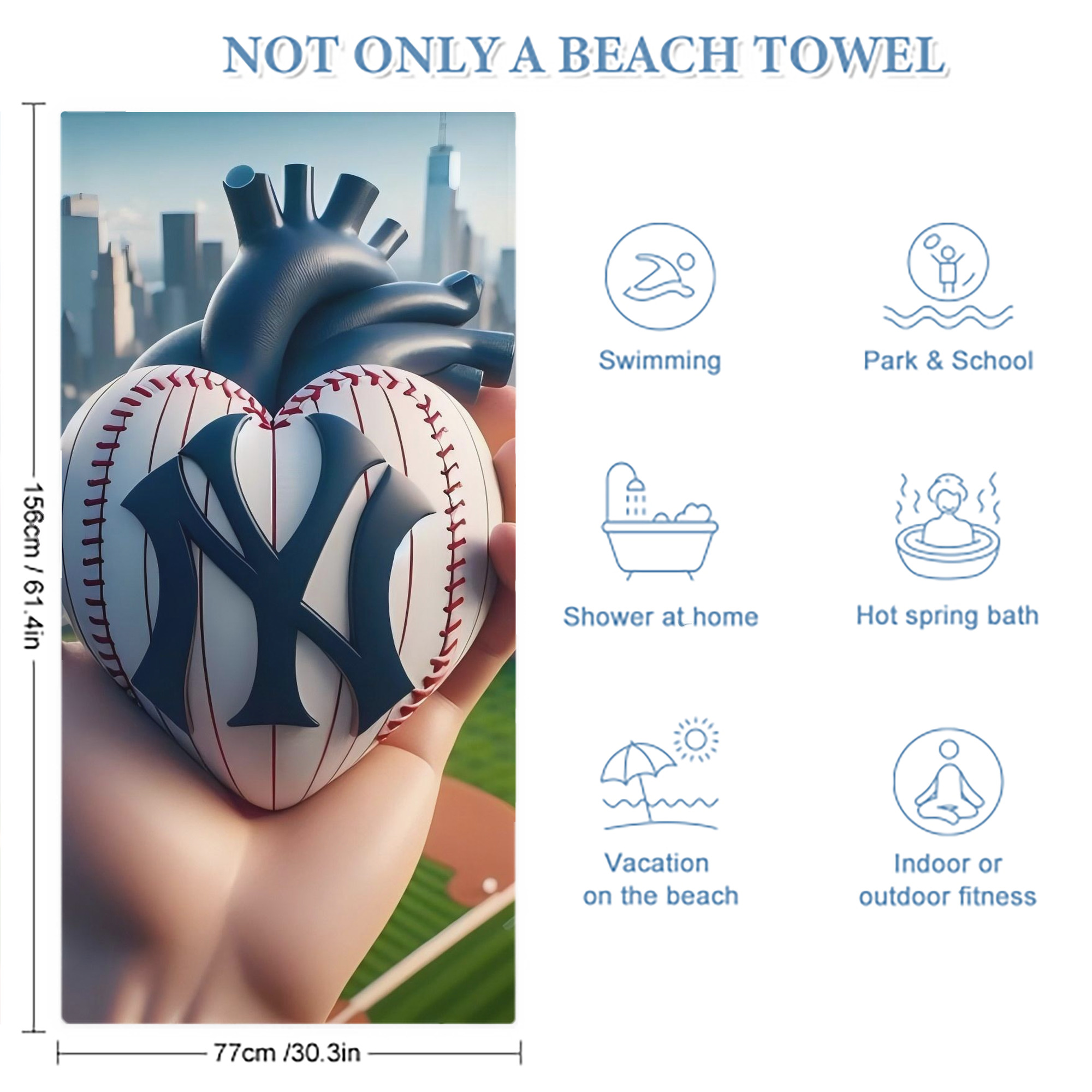 New York Yankees Heart Premium Microfiber Beach Towel – Soft, Large Size, Multi-Purpose For Beach, Picnic & Kids, Lightweight & Portable With Carry Bag, Easy Care