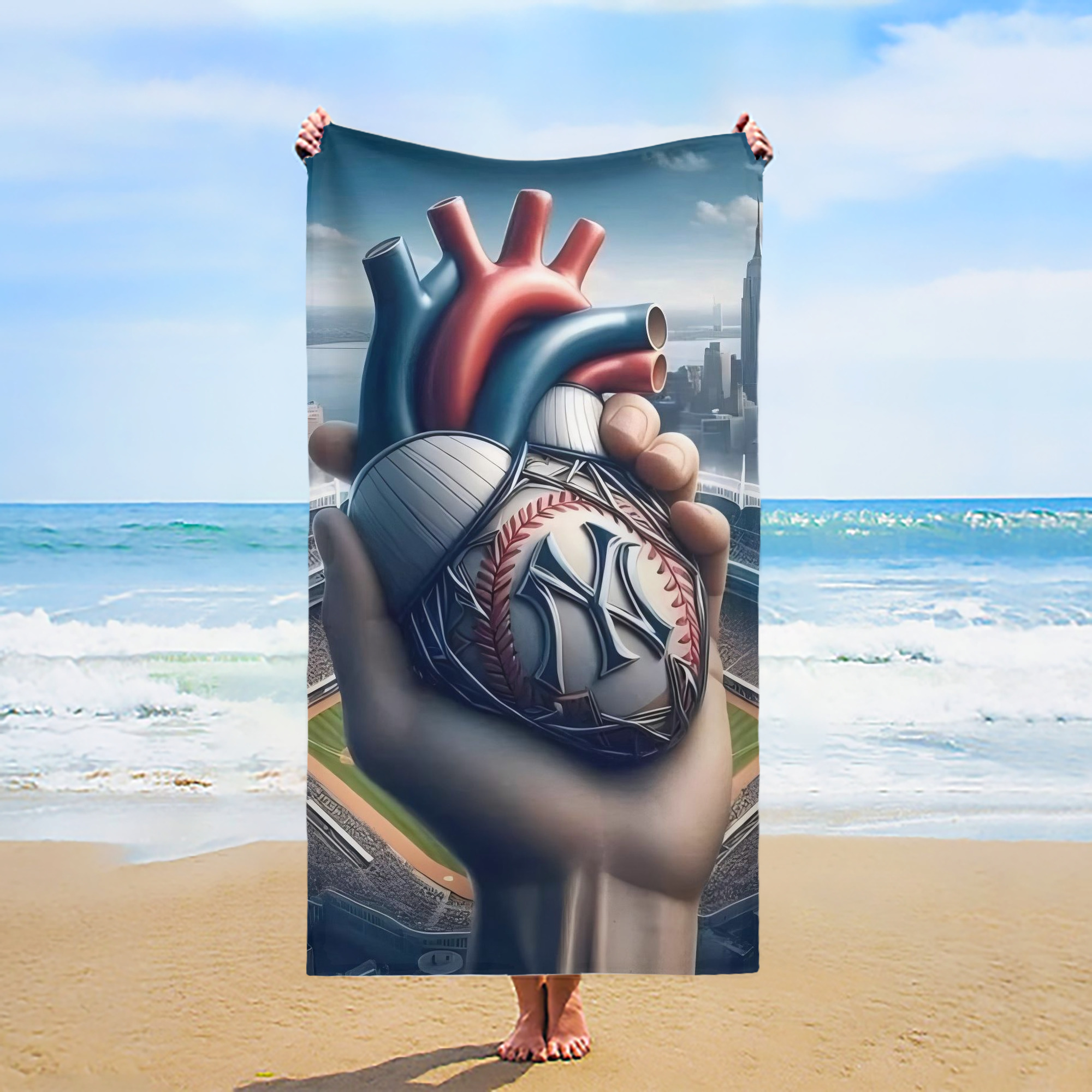 New York Yankees Heart Premium Microfiber Beach Towel – Soft, Large Size, Multi-Purpose For Beach, Picnic & Kids, Lightweight & Portable With Carry Bag, Easy Care