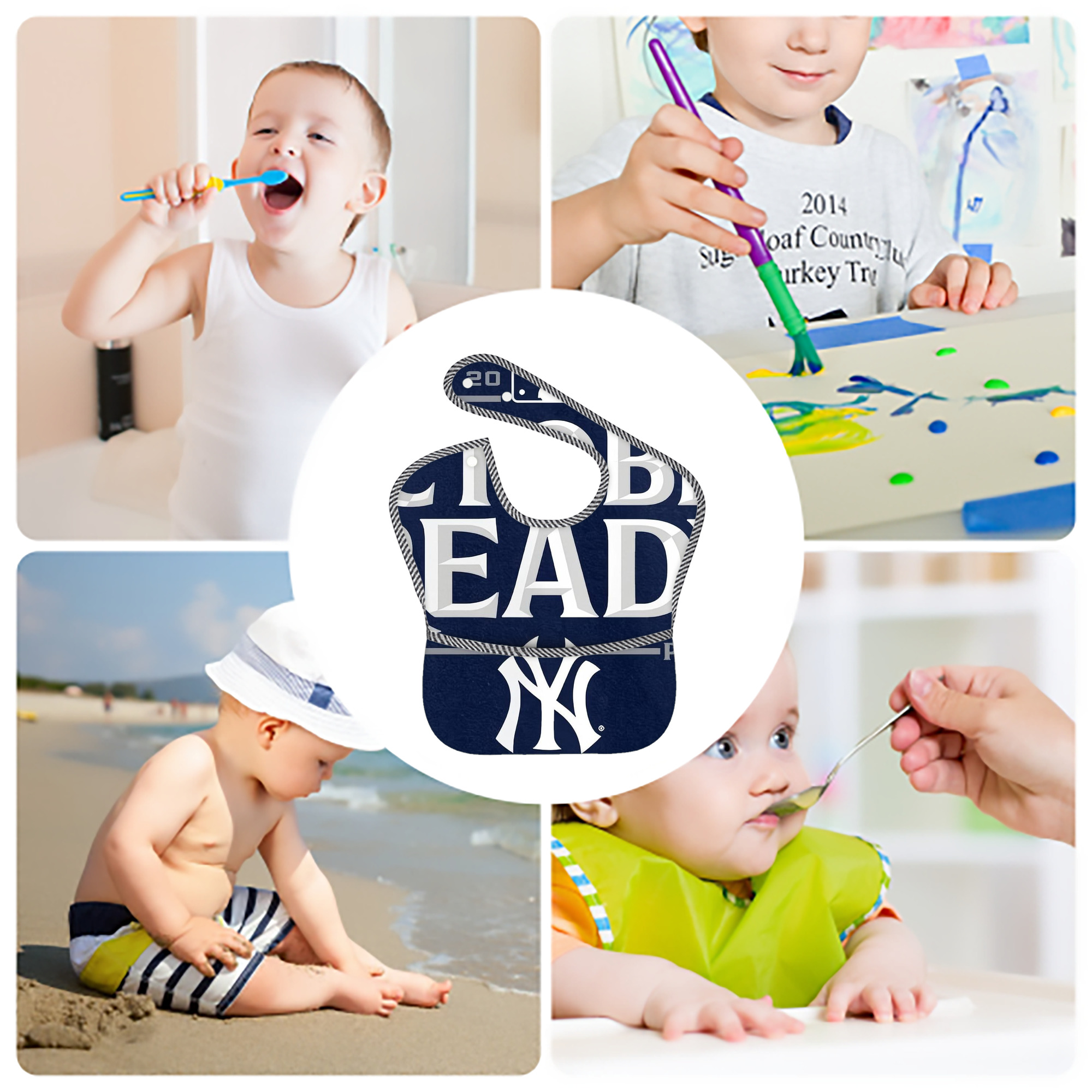 New York Yankees 360 Adjustable Waterproof Toddler Bib – Full-Print Durable Polyester – Foldable Crumb Pocket – Easy Snap Closure – Soft
