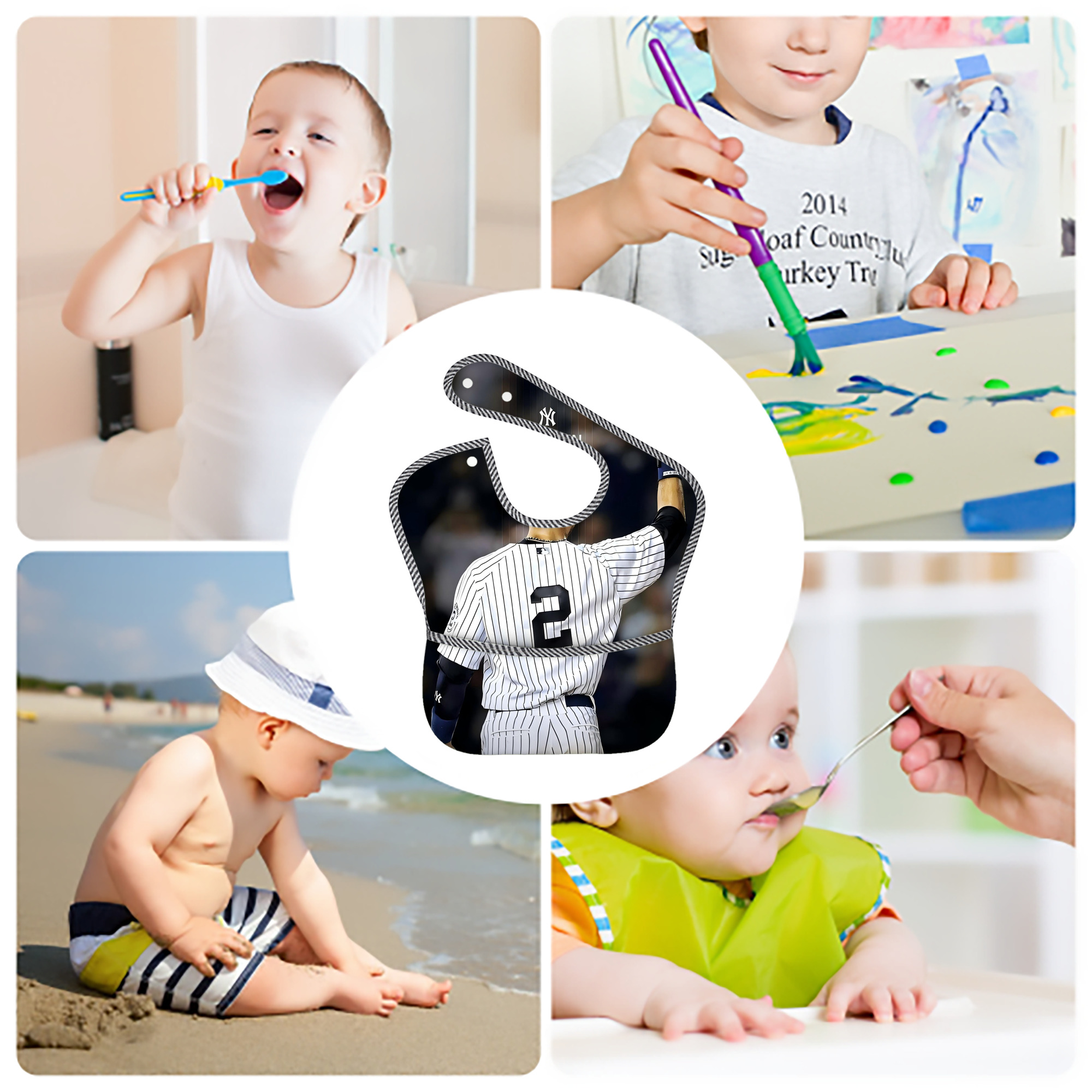 Derek Jeter 56 Adjustable Waterproof Toddler Bib – Full-Print Durable Polyester – Foldable Crumb Pocket – Easy Snap Closure – Soft