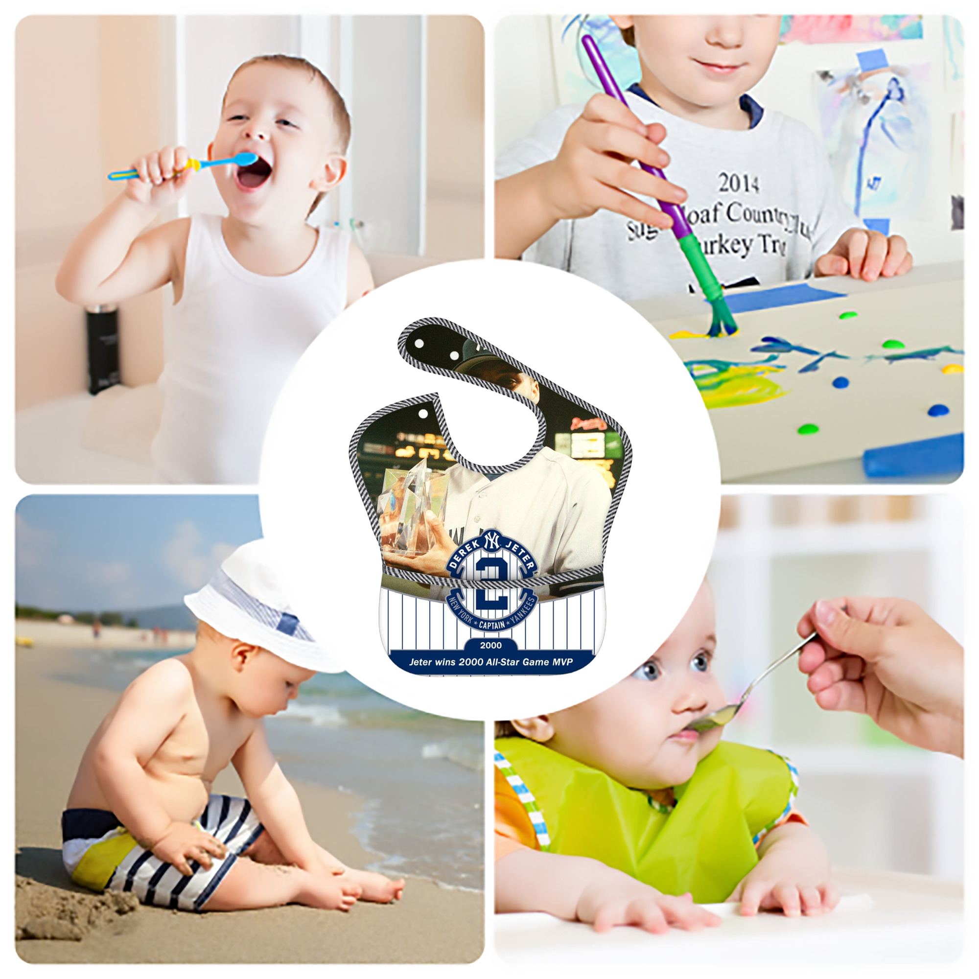 Derek Jeter 93 Adjustable Waterproof Toddler Bib – Full-Print Durable Polyester – Foldable Crumb Pocket – Easy Snap Closure – Soft