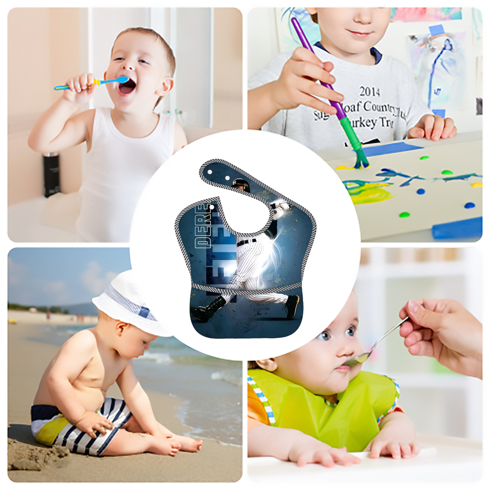 Derek Jeter 99 Adjustable Waterproof Toddler Bib – Full-Print Durable Polyester – Foldable Crumb Pocket – Easy Snap Closure – Soft