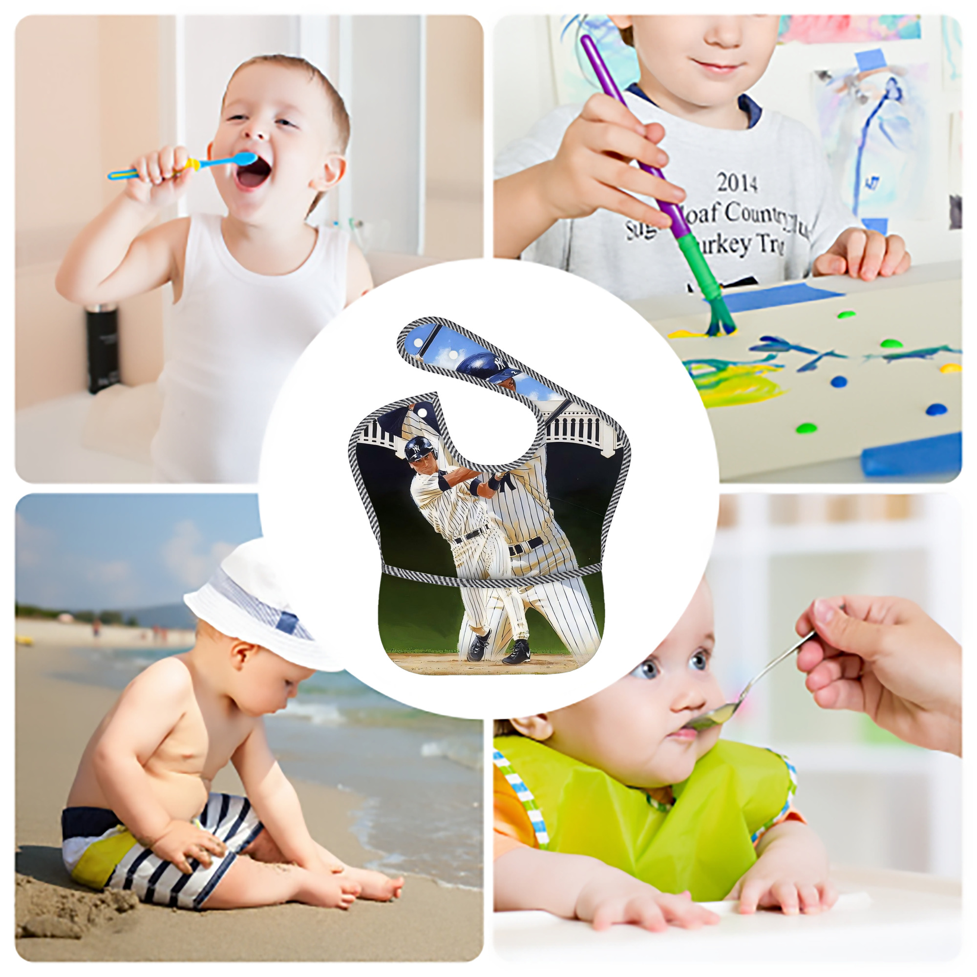 Derek Jeter 108 Adjustable Waterproof Toddler Bib – Full-Print Durable Polyester – Foldable Crumb Pocket – Easy Snap Closure – Soft