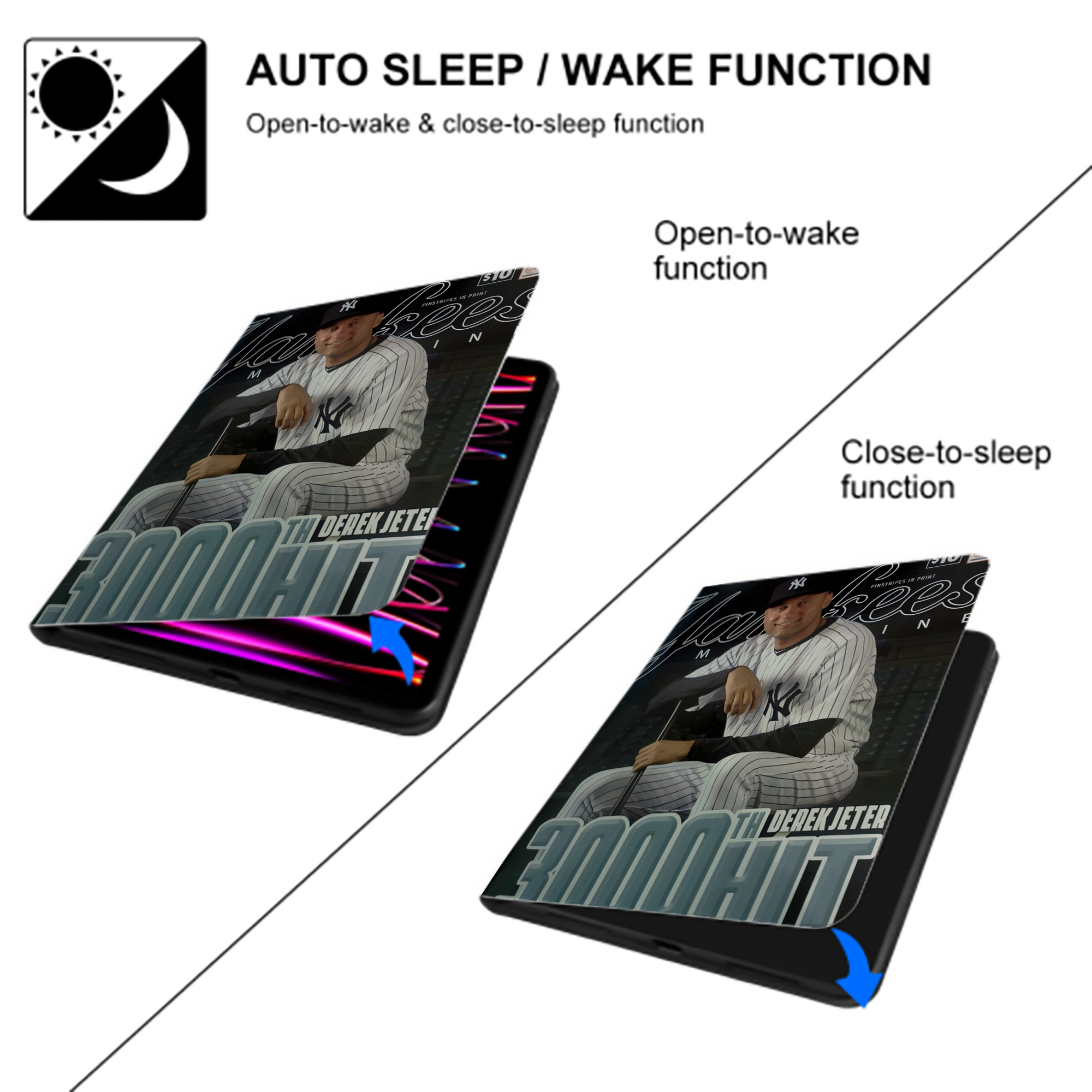 Derek Jeter 43 Premium Tri-Fold PU Leather & Silicone IPad Case With Pencil Slot – Fits 9.5,10.5,10.9 – Adjustable Stand, Slim, Protective