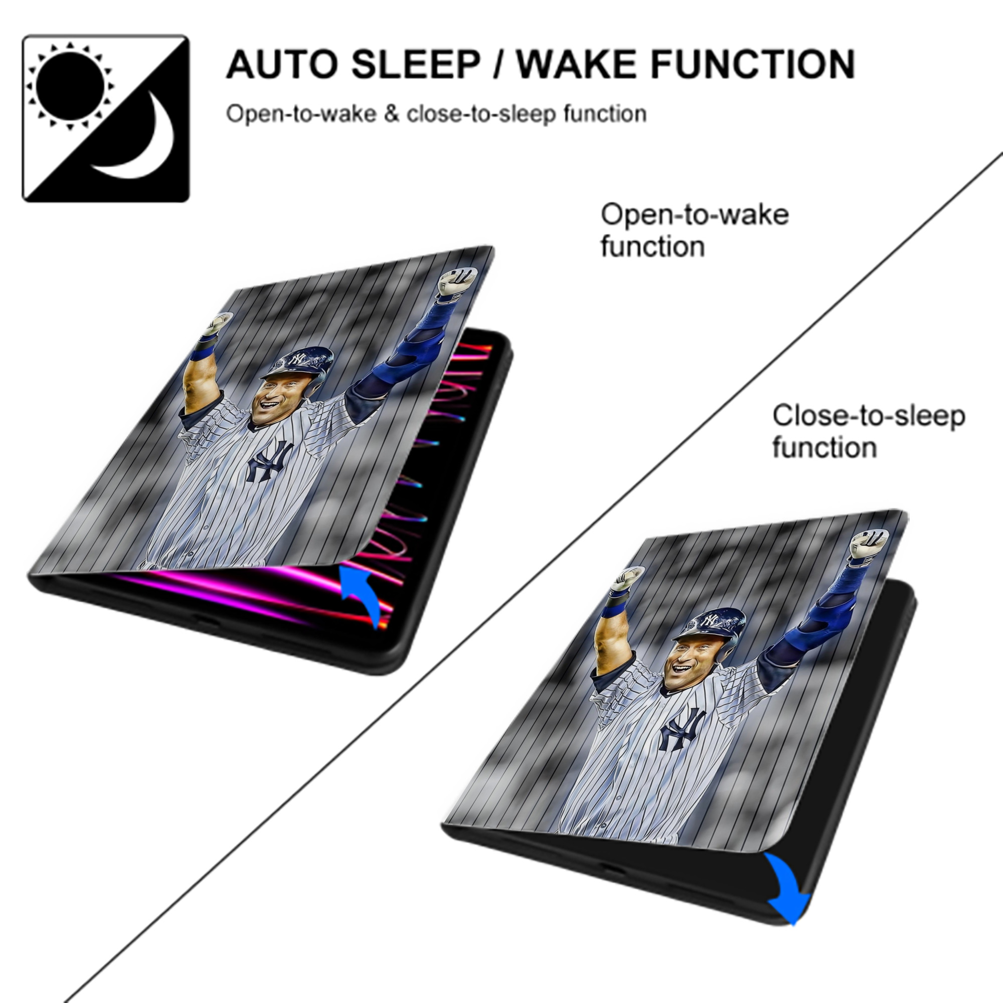 Derek Jeter 96 Premium Tri-Fold PU Leather & Silicone IPad Case With Pencil Slot – Fits 9.5,10.5,10.9 – Adjustable Stand, Slim, Protective