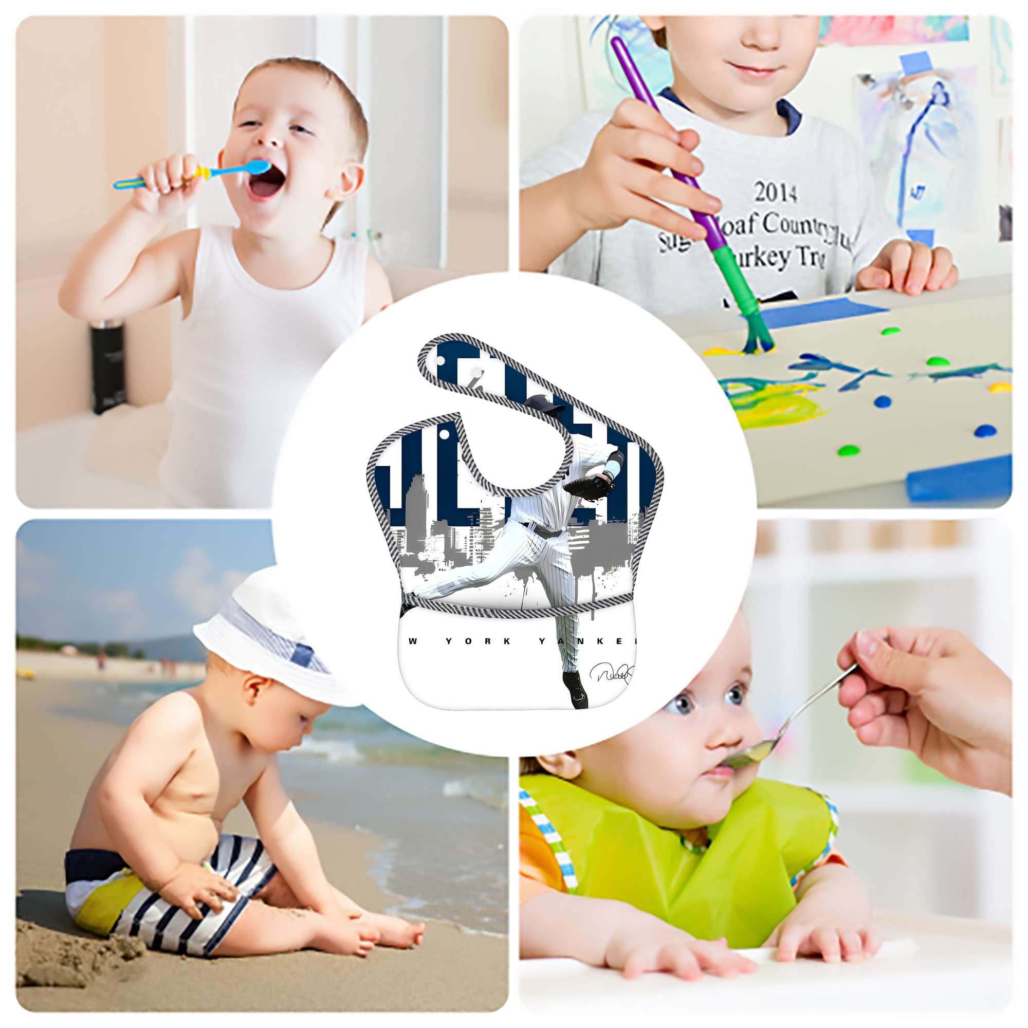 Derek Jeter 57 Adjustable Waterproof Toddler Bib – Full-Print Durable Polyester – Foldable Crumb Pocket – Easy Snap Closure – Soft